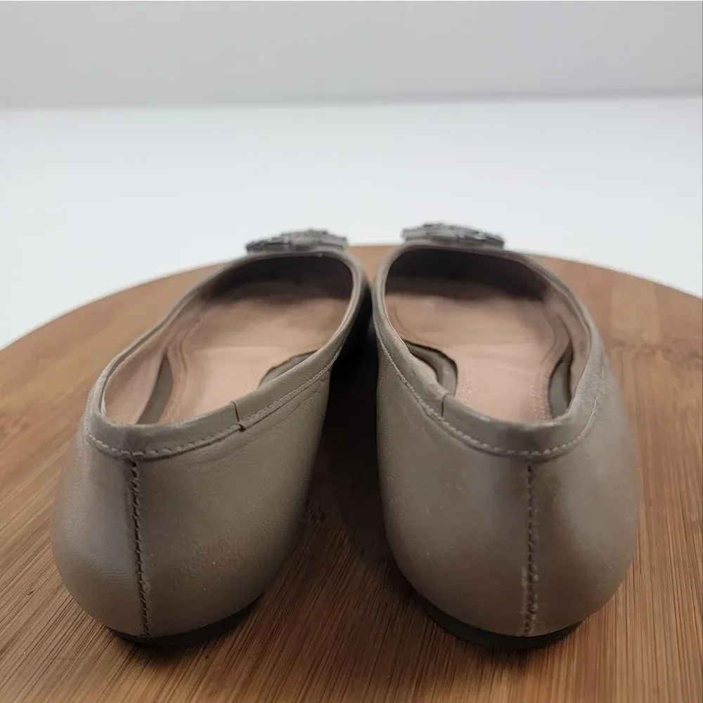 Tory Burch Taupe Leather Logo Ballet Flats